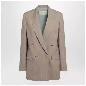 Valentino Double-Breasted Pinstripe Jacket in Mud/Ivory Virgin Wool