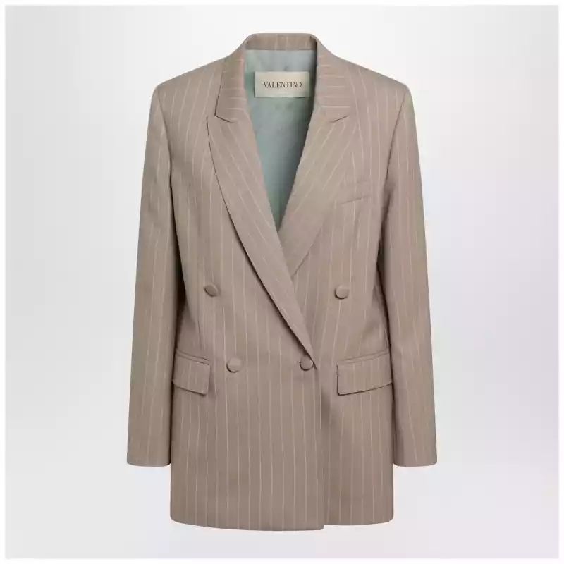 Valentino Double-Breasted Pinstripe Jacket in Mud/Ivory Virgin Wool
