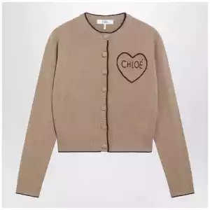Chloé Light Brown Wool and Cashmere Logo Cardigan