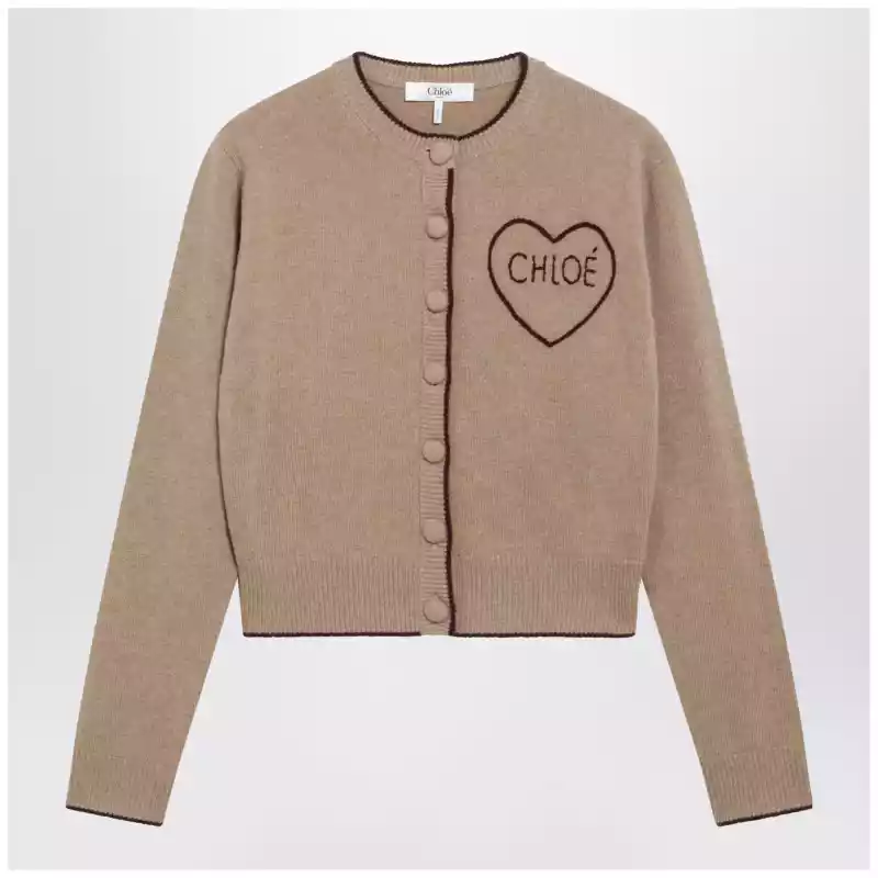 Chloé Light Brown Wool and Cashmere Logo Cardigan