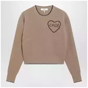 Chloé Light Brown Wool and Cashmere Logo Sweater