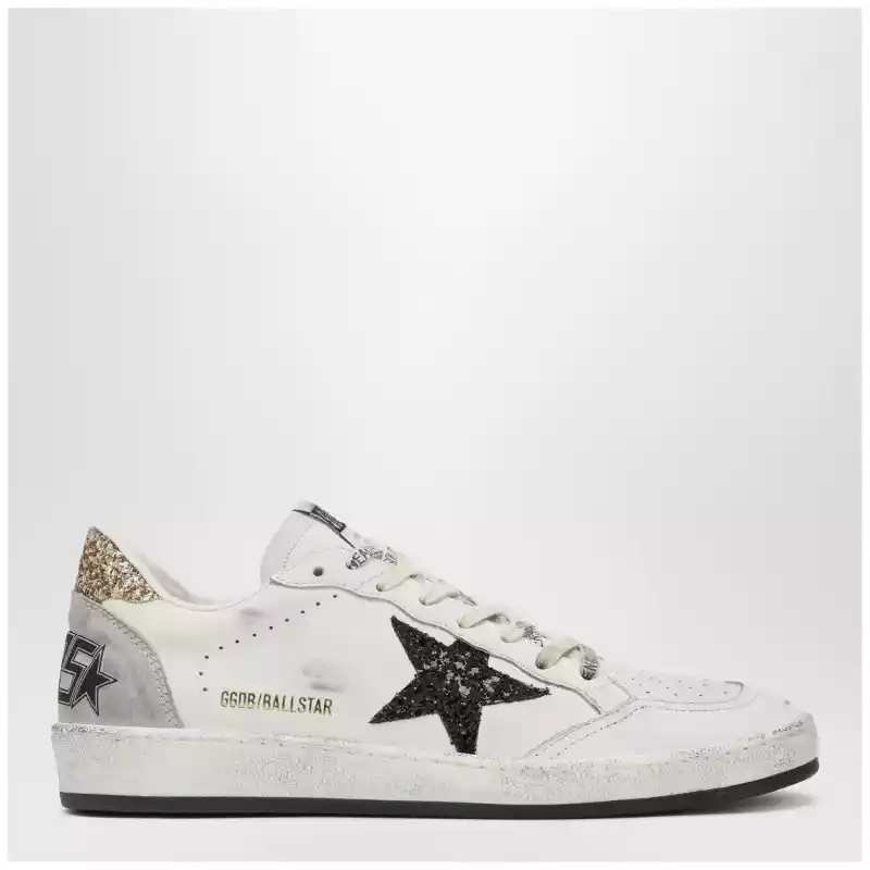 Golden Goose White and black Ball Star sneakers with gold glitter