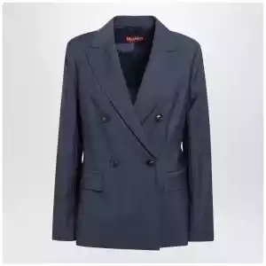 Max Mara Studio Double-Breasted Jacket in Denim Blue Wool Canvas