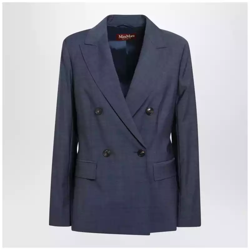 MSTUMICOWO_T_MAXMS-008.x Max Mara Studio Double-Breasted Jacket in Denim Blue Wool Canvas