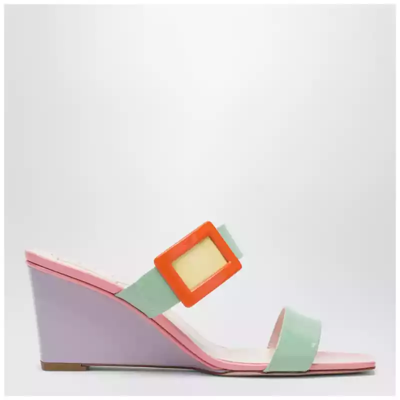 ROGER VIVIER Belle Vivier wedge mules in green/purple patent leather