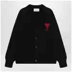Ami Paris Ami De Coeur cardigan in black merino wool knit