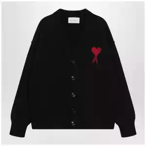 Ami Paris Ami De Coeur cardigan in black merino wool knit