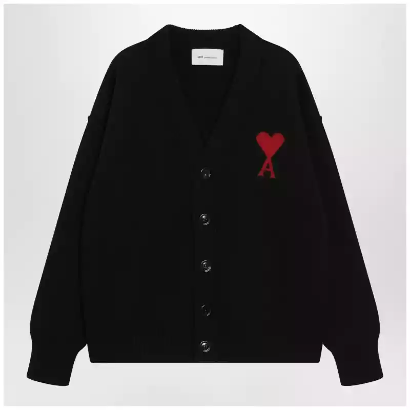 UKC367018_T_AMI-009.x Ami Paris Ami De Coeur cardigan in black merino wool knit