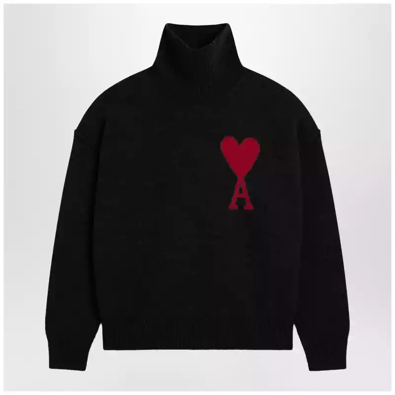 UKS839018_T_AMI-009.x Ami Paris Ami De Coeur sweater in black merino wool knit