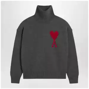 Ami Paris Ami De Coeur sweater in grey mélange merino wool knit
