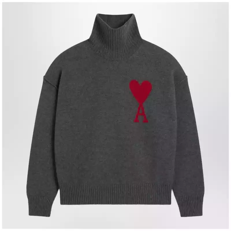UKS839018_T_AMI-084.x Ami Paris Ami De Coeur sweater in grey mélange merino wool knit