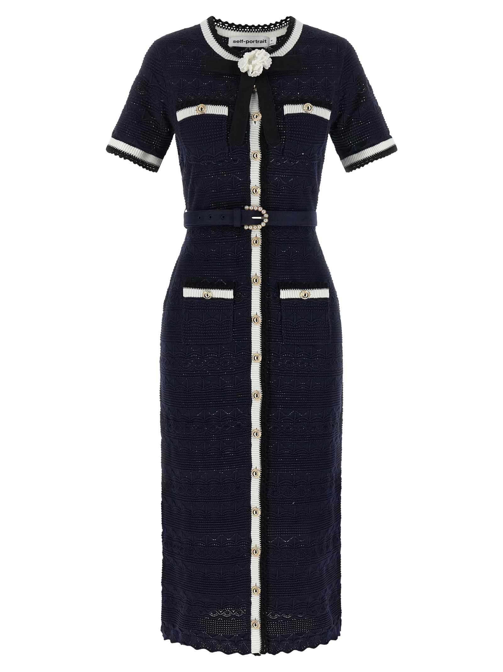 Self-Portrait Navy Pointelle Knit Midi Dress