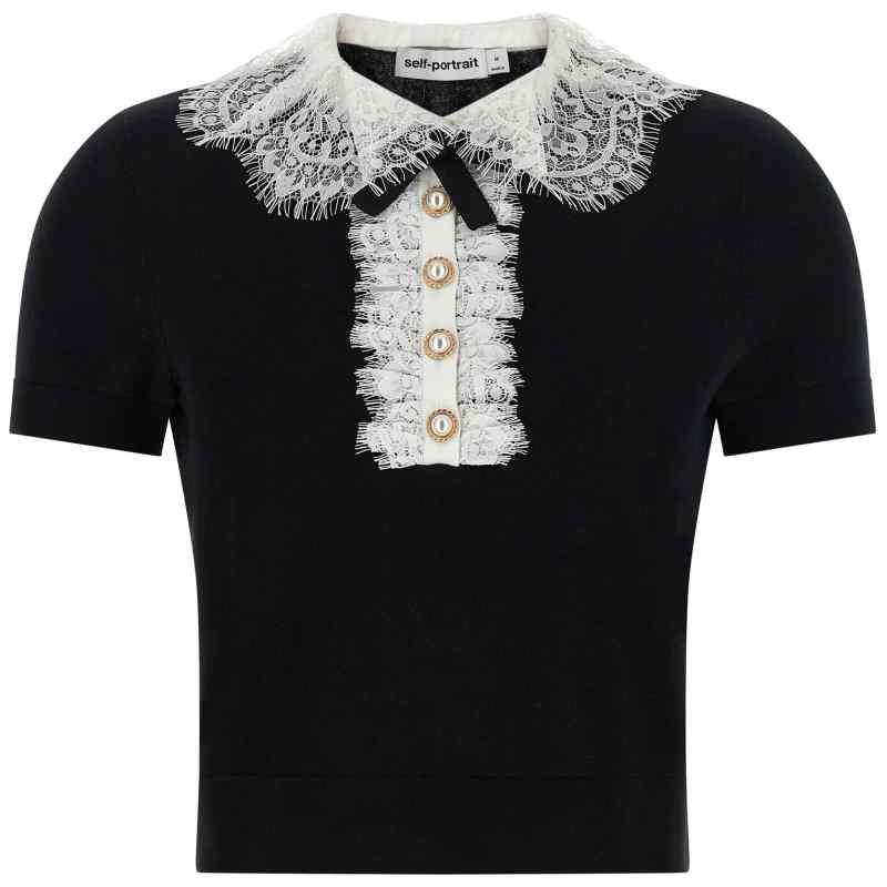 Self-Portrait Black Knit Lace Collar Top